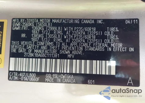 2011 Lexus Rx 350 z USA, uszkodzony, nr VIN 2T2BK1BA6BC111381